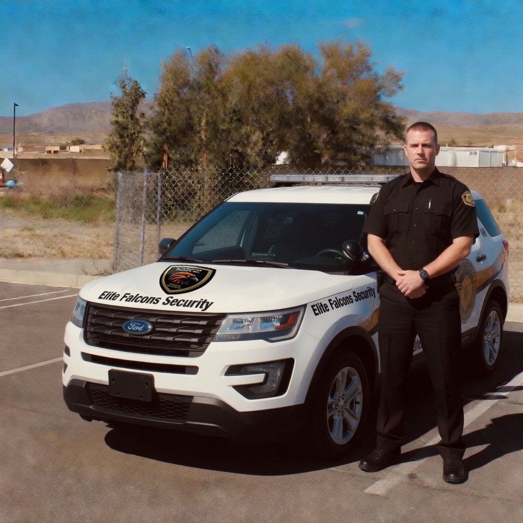 Security officer beside patrol vehicle